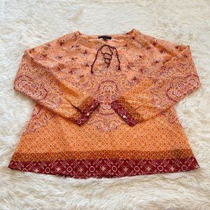Sanctuary Womens Tunic Top‎ Large Orange Boho Lace Up Long Sleeve Peasant 14038